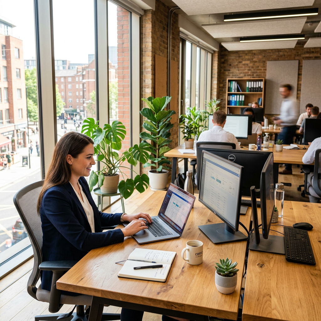 Woman using laptop at wooden desk in office with plants and multiple monitors